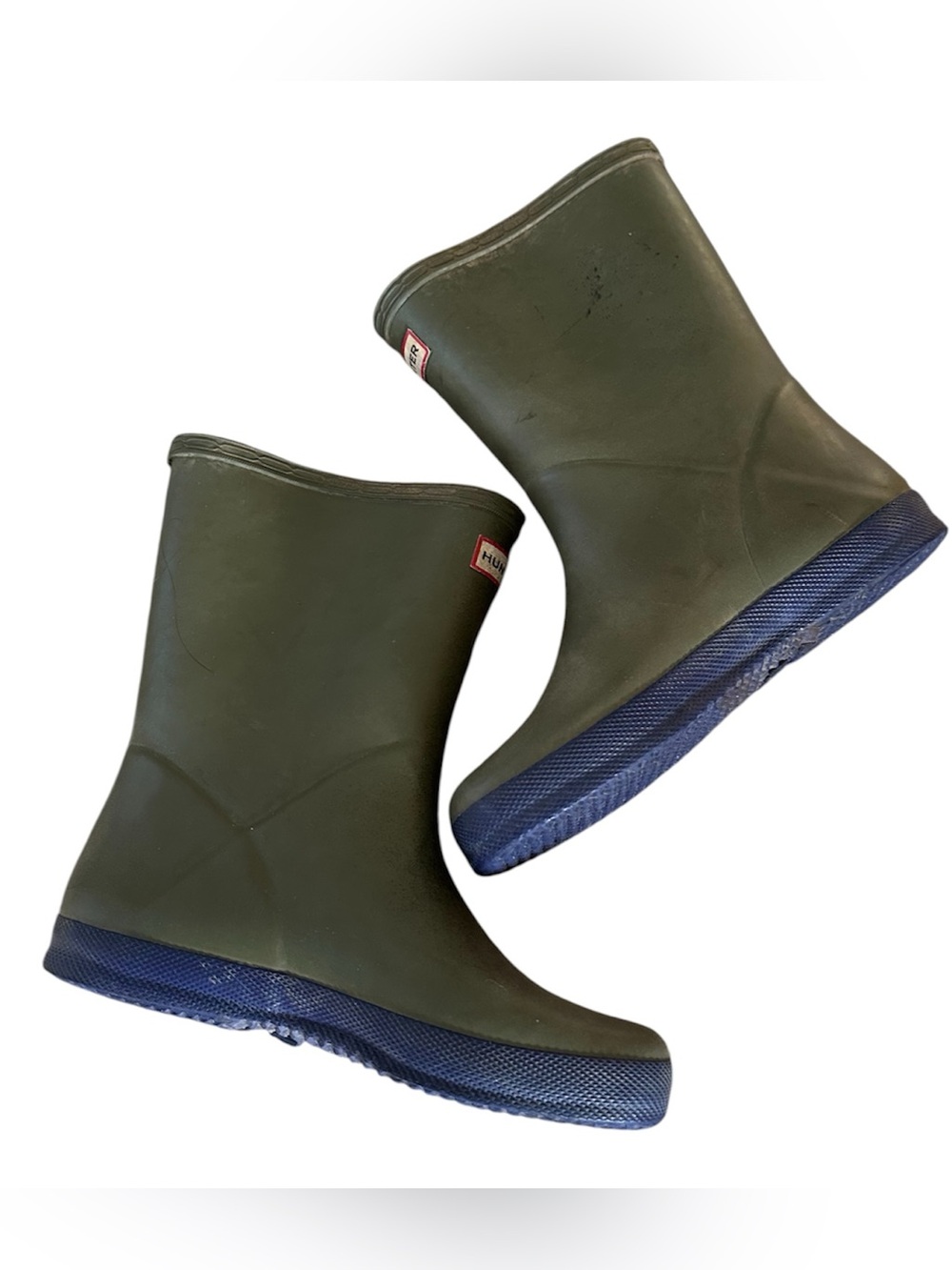 Hunter Olive Green Rain Boots with Navy Soles